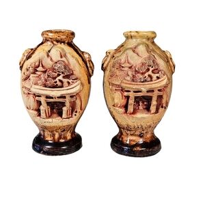Antique Banko Ware Handcarved Japanese Vases Chinoiserie Pagoda Set Of 2